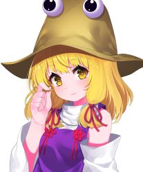 Rule 34 | 1girl, :3, bare shoulders, blonde hair, blush, breasts, bright pupils, commentary request, detached sleeves, dress, hand up, hat, head tilt, highres, looking at viewer, medium breasts, medium hair, moriya suwako, purple dress, simple background, solo, touhou, turtleneck, upper body, white background, white pupils, yellow eyes, yuujin (yuzinn333)