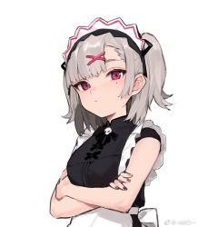 Rule 34 | 1girl, aiko (kanl), apron, bare arms, black dress, black ribbon, breasts, closed mouth, crossed arms, dress, frills, grey hair, hair ornament, looking at viewer, maid, maid apron, maid headdress, mole, mole under eye, nail polish, neck ribbon, original, red eyes, ribbon, short hair, simple background, sleeveless, sleeveless dress, small breasts, solo, tana (aiko), two side up, upper body, white background, x hair ornament