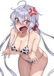 Rule 34 | 1girl, @ @, anger vein, angry, animal print, bikini, breasts, cleavage, commentary request, cow print, cowboy shot, large breasts, leaning forward, long hair, looking at viewer, low-tied long hair, low twintails, open mouth, purple eyes, purple hair, senki zesshou symphogear, simple background, solo, swimsuit, thigh gap, tsukamoto kensuke, twintails, very long hair, white background, white bikini, yukine chris