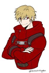 Rule 34 | 10s, 1boy, bad id, bad twitter id, blonde hair, crossed arms, danganronpa (series), danganronpa 3 (anime), himduldago, izayoi sounosuke, long coat, looking to the side, male focus, short hair, simple background, solo, upper body, white background