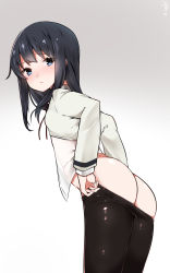 Rule 34 | 10s, 1girl, asashio (kancolle), ass, black hair, black pantyhose, blue eyes, blush, dressing, from behind, highres, kantai collection, long hair, long sleeves, looking at viewer, looking back, mitsudoue, pantyhose, see-through, shiny clothes, shirt, simple background, solo, standing, white background, white shirt