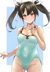 Rule 34 | 1girl, alternate costume, bare shoulders, blue one-piece swimsuit, breasts, brown hair, collarbone, gluteal fold, hair ribbon, kantai collection, ld (luna dial398), long hair, looking at viewer, one-piece swimsuit, pout, ribbon, small breasts, solo, swimsuit, twintails, white ribbon, yellow eyes, zuikaku (kancolle)