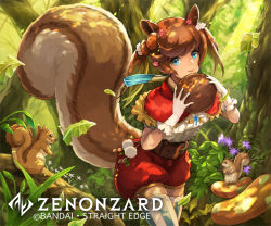 Rule 34 | 1girl, acorn hair ornament, animal ears, belt, blue eyes, day, forest, leaf, muraicchi (momocchi), mushroom, nature, nut (food), outdoors, smile, solo, squirrel, squirrel girl, standing, sunlight, tail, thighhighs, twintails, zenonzard