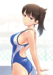 Rule 34 | 10s, 1girl, alternate costume, arm support, ass, black hair, blue eyes, blush, breasts, competition swimsuit, highres, kaga (kancolle), kantai collection, large breasts, looking at viewer, one-piece swimsuit, short hair, side ponytail, sideboob, solo, swimsuit, wa (genryusui)