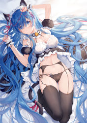 Rule 34 | 1girl, absurdly long hair, alternate costume, alternate hair length, alternate hairstyle, animal ears, apron, arm up, bad proportions, bed sheet, bell, black dress, black panties, black ribbon, black thighhighs, blue eyes, blue hair, blush, bow, bow panties, breasts, cat ears, cat girl, cat tail, cleavage, clothes lift, detached sleeves, dress, dress lift, eikaa, frilled dress, frills, garter belt, groin, hair ornament, hair ribbon, hand up, highres, jingle bell, kemonomimi mode, knee up, large breasts, long arms, long hair, long legs, looking at viewer, lying, maid, maid headdress, navel, neck ribbon, on back, panties, panties over garter belt, pink ribbon, puffy short sleeves, puffy sleeves, re:zero kara hajimeru isekai seikatsu, rem (re:zero), ribbon, short sleeves, side-tie panties, skindentation, solo, tail, thighhighs, underwear, very long hair, waist apron, x hair ornament
