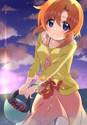 Rule 34 | 1girl, :3, absurdres, backlighting, bare shoulders, blue eyes, blush, bow, bracelet, breasts, buttons, closed mouth, cloud, cloudy sky, collarbone, commentary request, commission, dress, gradient sky, hair between eyes, happy, highres, higurashi no naku koro ni, holding, jacket, jewelry, long sleeves, looking at viewer, mashimaro tabetai, necklace, orange hair, outdoors, parted bangs, pink dress, pixiv commission, red bow, ryuuguu rena, short hair, sky, sleeveless, sleeveless dress, smile, solo, standing, star (sky), starry sky, twilight, yellow jacket