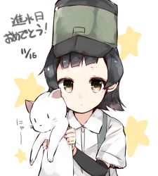 Rule 34 | 10s, 1girl, animal, arare (kancolle), arm warmers, black hair, brown eyes, buttons, cat, hat, highres, holding, holding animal, holding cat, kantai collection, looking at viewer, ooyama imo, school uniform, serafuku, shirt, short hair, short sleeves, solo, suspenders, white cat, white shirt, | |