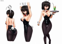 Rule 34 | 10s, 1girl, animal ears, arms up, artist name, ass, black hair, black leotard, black pantyhose, bow, bowtie, breasts, brown eyes, cleavage, cowboy shot, detached collar, drink, fake animal ears, highres, kantai collection, kinnan, leotard, medium breasts, multiple views, one eye closed, pantyhose, playboy bunny, rabbit ears, rabbit tail, red bow, red bowtie, sendai (kancolle), short hair, simple background, standing, standing on one leg, strapless, strapless leotard, tail, tray, twintails, two side up, white background, wrist cuffs