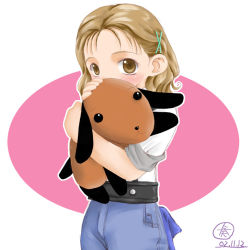 Rule 34 | 1girl, blush, brown eyes, brown hair, covering own mouth, solo, stuffed animal, stuffed toy