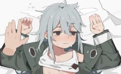 Rule 34 | 1girl, @ @, arms up, blush, clothes lift, collarbone, disembodied hand, flat chest, g11 (girls&#039; frontline), girls&#039; frontline, grabbing, green jacket, jacket, looking away, messy hair, on bed, shirt lift, solo focus, sweat, tank top, upper body, wavy mouth, yuki hotaru