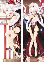 Rule 34 | 1girl, azur lane, black gloves, black kimono, blue butterfly, breasts, bridal gauntlets, bug, butterfly, cleavage, cross, dakimakura (medium), full body, fur-trimmed kimono, fur-trimmed sleeves, fur trim, gloves, hair between eyes, hair ornament, hair stick, hand on own chest, insect, iron cross, japanese clothes, kimono, large breasts, long hair, looking at viewer, moeanime, multicolored clothes, multicolored kimono, multiple views, official alternate costume, pelvic curtain, ponytail, prinz heinrich (azur lane), prinz heinrich (fireworks and tapestries) (azur lane), red eyes, white hair