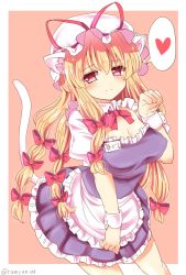 Rule 34 | 1girl, alternate costume, animal ears, apron, blonde hair, blush, bow, bowtie, breasts, cat ears, cleavage, clenched hand, closed mouth, cowboy shot, frilled apron, frills, hair between eyes, hair bow, hat, heart, highres, kemonomimi mode, long hair, low-tied long hair, maid, medium breasts, mob cap, name tag, paw pose, ramudia (lamyun), red bow, red bowtie, red eyes, short sleeves, sidelocks, smile, solo, spoken heart, touhou, twitter username, waist apron, white apron, white hat, wrist cuffs, yakumo yukari