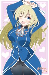 1girl arms_up atago_(kancolle) beret black_pantyhose blonde_hair blue_eyes blue_hat blue_jacket blush breasts hat highres jacket kantai_collection large_breasts long_hair long_sleeves looking_at_viewer military military_uniform open_mouth pantyhose pink_background ringo002 signature smile solo twitter_username