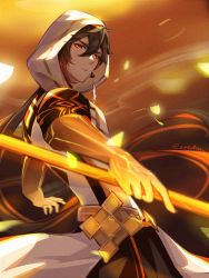 Rule 34 | 1boy, antenna hair, black hair, brown hair, chenzcy, closed mouth, colored skin, commentary, diamond-shaped pupils, diamond (shape), earrings, gem, genshin impact, glowing skin, gold trim, gradient hair, hair between eyes, highres, holding, holding polearm, holding weapon, hood, hood up, jewelry, long hair, looking at viewer, makeup, male focus, multicolored hair, orange eyes, polearm, ponytail, rex lapis (genshin impact), robe, single earring, solo, symbol-shaped pupils, twitter username, very long hair, weapon, white robe, zhongli (archon) (genshin impact), zhongli (genshin impact)