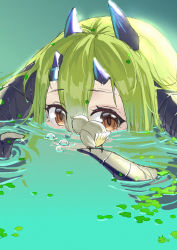 Rule 34 | 1girl, air bubble, animal, arknights, bird, brown eyes, bubble, chaoxi, commentary request, curled horns, estelle (arknights), green hair, hair between eyes, highres, horns, looking at viewer, partially submerged, solo, water, wet