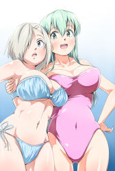 Rule 34 | 10s, 2girls, :d, :o, aqua eyes, aqua hair, armpits, bare legs, bare shoulders, bikini, blue background, blue bikini, blue eyes, breast press, breasts, cleavage, collarbone, covered navel, embarrassed, female focus, gradient background, hair between eyes, hair ornament, hair over one eye, hairclip, hamakaze (kancolle), hand on own hip, houchiku no min, hug, kantai collection, large breasts, legs, long hair, looking at viewer, midriff, multiple girls, navel, neck, one-piece swimsuit, open mouth, pink one-piece swimsuit, round teeth, shiny clothes, shiny skin, short hair, shy, side-tie bikini bottom, silver hair, simple background, smile, standing, strapless, strapless bikini, strapless one-piece swimsuit, suzuya (kancolle), swimsuit, teeth, white background, yuri