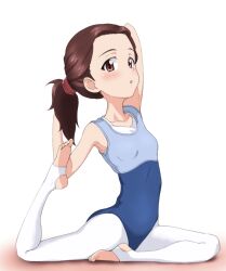 Rule 34 | 1girl, :o, arm behind head, arm up, athletic leotard, blue leotard, breasts, brown eyes, brown hair, commentary, feet, girls und panzer, hair pulled back, heel-less legwear, kayabakoro, leotard, looking at viewer, medium hair, on ground, open mouth, pantyhose, pigeon pose, ponytail, sitting, small breasts, solo, tami (girls und panzer), toeless legwear, white pantyhose, yoga