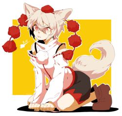 Rule 34 | 1girl, all fours, animal ears, bare shoulders, boots, breath, detached sleeves, fang, frown, hat, inubashiri momiji, namataro, pom pom (clothes), red eyes, short hair, sketch, skirt, solo, tail, tokin hat, touhou, turtleneck, white hair, wide sleeves, wolf ears, wolf tail, yellow background