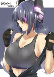 Rule 34 | 10s, 1girl, breasts, cleavage, eyepatch, hair over one eye, headgear, kantai collection, large breasts, saintshiro, serious, short hair, simple background, solo, sports bra, sportswear, sweat, tank top, tenryuu (kancolle), toned, undressing