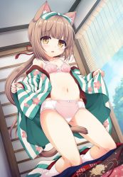 Rule 34 | 1girl, animal ear fluff, animal ears, bare shoulders, between legs, blue sky, blush, bow, bow bra, bow panties, bra, breasts, brown eyes, brown hair, cat ears, cat girl, cat tail, cloud, cloudy sky, collarbone, commentary, day, dutch angle, fingernails, floral print, green bow, green kimono, hair bow, highres, idolmaster, idolmaster cinderella girls, indoors, japanese clothes, kemonomimi mode, kimono, kneeling, long hair, long sleeves, looking at viewer, low ponytail, navel, no shoes, off shoulder, open clothes, open kimono, panties, parted lips, pink bra, pink panties, ponytail, print kimono, sakuraba hikaru (loveindog), sidelocks, sky, sleeves past wrists, small breasts, socks, solo, striped bow, striped clothes, striped kimono, tail, tail between legs, underwear, vertical-striped clothes, vertical-striped kimono, very long hair, white socks, yorita yoshino