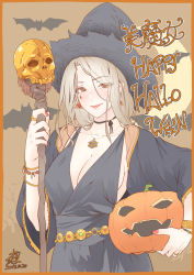 Rule 34 | 1girl, bad id, bad pixiv id, bat (animal), blush, border, bracelet, breasts, brown background, brown eyes, choker, cleavage, commentary request, crescent moon, dated, earrings, fangs, fangs out, grey hair, halloween, halloween costume, hat, highres, holding, holding staff, jack-o&#039;-lantern, jewelry, kunami himehiko, large breasts, long hair, moon, necklace, no bra, orange border, original, pumpkin, red lips, ring, signature, skull, smile, solo, staff, upper body, witch hat