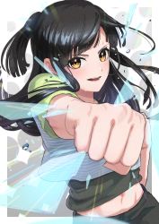 Rule 34 | 1girl, :d, absurdres, bad id, bad pixiv id, black hair, black shorts, blue shirt, blush, brown eyes, commentary request, cowboy shot, crop top, fitness boxing, green sleeves, highres, huge filesize, incoming attack, incoming punch, karen (fitness boxing), long hair, looking at viewer, lower teeth only, midriff, minami chuyou, navel, one side up, open mouth, punching, shirt, short sleeves, shorts, sidelocks, smile, solo, standing, teeth, undershirt