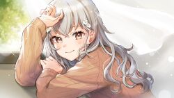 Rule 34 | 1girl, blush, brown eyes, brown sweater, character request, closed mouth, commission, flower, grey hair, hair between eyes, hair flower, hair ornament, long hair, looking at viewer, ribbed sweater, shinishi chiho, skeb commission, sleeves past wrists, smile, solo, sweater, upper body, virtual youtuber, white flower