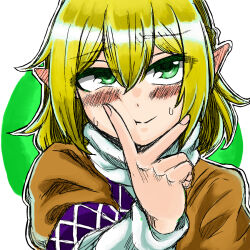 Rule 34 | 1girl, :t, arm warmers, blonde hair, blush, braid, brown shirt, cheek squash, closed mouth, commentary request, ear blush, fingernails, french braid, green background, green eyes, hair between eyes, looking at viewer, medium bangs, mizuhashi parsee, pointy ears, rize muri, scarf, shirt, short hair, short sleeves, smile, solo, touhou, two-tone background, upper body, v over mouth, white background, white scarf