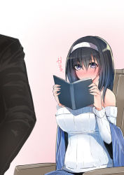Rule 34 | 10s, 1boy, 1girl, black hair, blue eyes, blush, book, breasts, chair, formal, gaichi, hairband, holding, holding book, idolmaster, idolmaster cinderella girls, long hair, off-shoulder, off-shoulder sweater, ribbed sweater, sagisawa fumika, shawl, sitting, solo focus, suit, sweater