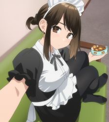 Rule 34 | 1girl, apron, blush, breasts, brown eyes, brown hair, crossed legs, douki-chan (douki-chan), feet, ganbare douki-chan, headdress, highres, indoors, looking at viewer, looking back, maid, maid apron, no shoes, pantyhose, sidelocks, sitting, stitched, third-party edit