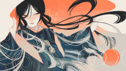 1boy absurdres androgynous black_hair blue_kimono floating_hair hair_rings highres holding japanese_clothes kimono long_hair long_sleeves male_focus original parted_lips print_kimono shimizu_en_(shimizuen3310) sideways_glance signature solo twitter_username upper_body