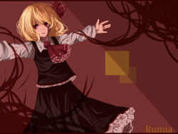 Rule 34 | 1girl, absurdres, ascot, black dress, black skirt, blonde hair, character name, dress, dress shirt, frilled skirt, frills, glance, hair ribbon, highres, hikage, open mouth, outstretched arms, red background, red eyes, ribbon, rumia, shirt, short hair, skirt, solo, touhou