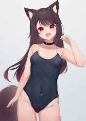 Rule 34 | 1girl, :d, absurdres, animal ear fluff, animal ears, bare arms, bare shoulders, black collar, black one-piece swimsuit, blush, breasts, brown hair, collar, collarbone, commentary request, fox ears, fox girl, fox tail, grey background, groin, hair ornament, hairclip, highres, hinata (user rjkt4745), long hair, looking at viewer, one-piece swimsuit, open mouth, original, red eyes, school swimsuit, simple background, small breasts, smile, solo, swimsuit, tail, very long hair