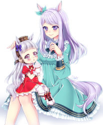 Rule 34 | 2girls, adapted costume, aged down, animal ears, aqua dress, aqua ribbon, blunt bangs, boots, bow, brown headwear, cross-laced footwear, dress, food, gold ship (umamusume), hair bow, hair ribbon, highres, holding, holding food, horse ears, horse girl, horse tail, ice cream, lace-up boots, long hair, long sleeves, looking at another, looking at viewer, mejiro mcqueen (umamusume), multiple girls, pillbox hat, purple bow, purple eyes, purple hair, red dress, ribbon, shirato sayuri, signature, simple background, sitting, smile, swept bangs, tail, umamusume, white background, white hair