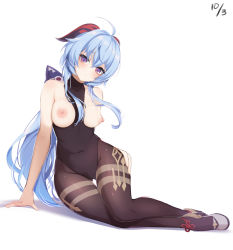 Rule 34 | 1girl, ahoge, arm support, bare arms, bare shoulders, between breasts, black leotard, black pantyhose, blue hair, breasts, breasts out, closed mouth, collarbone, covered navel, dated, flower knot, full body, ganyu (genshin impact), genshin impact, highres, horns, large breasts, leotard, long hair, looking at viewer, nipples, pantyhose, purple eyes, red ribbon, ribbon, simple background, solo, thigh strap, very long hair, white background, yu-ta