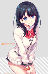 Rule 34 | 10s, 1girl, badge, black hair, black skirt, blood, blue eyes, blush, bow, bowtie, breasts, cardigan, closed mouth, collared shirt, commentary request, copyright name, dated, diagonal stripes, grey background, gridman universe, hair between eyes, highres, leaning forward, long hair, long sleeves, looking at viewer, microskirt, nishimura eri, orange scrunchie, own hands together, pleated skirt, red bow, red bowtie, scrunchie, shirt, sitting, skirt, small breasts, smile, solo, ssss.gridman, striped, takarada rikka, twitter username, v arms, white cardigan, white shirt, wrist scrunchie