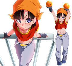 Rule 34 | 1girl, arms up, bandana, belt, black hair, blue eyes, chain, closed mouth, dragon ball, dragon ball (object), dragon ball gt, fingerless gloves, flat chest, gloves, grey pants, highres, light blush, looking at viewer, midriff, multiple views, navel, orange bandana, pan (dragon ball), pants, red shirt, rom (20), shirt, simple background, smile, white background