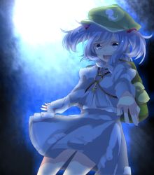 Rule 34 | 1girl, backpack, bag, blue eyes, blue hair, blue shirt, blue skirt, cowboy shot, crying, crying with eyes open, foreshortening, hair bobbles, hair ornament, hat, highres, juliet sleeves, kawashiro nitori, key, long sleeves, looking at viewer, matching hair/eyes, moko-rinn, open mouth, pocket, puffy sleeves, reaching, reaching towards viewer, shirt, short hair, skirt, skirt set, solo, tears, touhou, twintails, two side up
