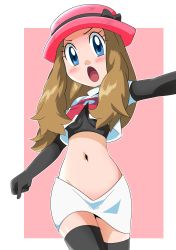 Rule 34 | 1girl, belly, black thighhighs, blonde hair, blue eyes, blush, breasts, cosplay, creatures (company), game freak, hainchu, highres, jessie (pokemon), jessie (pokemon) (cosplay), long hair, navel, nintendo, pokemon, pokemon (anime), pokemon xy, serena (pokemon), skirt, small breasts, tagme, thighhighs, white skirt