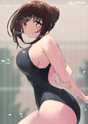 Rule 34 | 1girl, bare shoulders, black one-piece swimsuit, blush, breasts, brown eyes, brown hair, closed mouth, competition swimsuit, hair bun, jonsun, large breasts, long hair, looking at viewer, one-piece swimsuit, original, sidelocks, single hair bun, smile, solo, swimsuit, water drop, wet