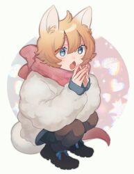 Rule 34 | 1girl, alternate costume, animal ears, black footwear, black pantyhose, blonde hair, blue eyes, blush, boots, border, chestnut mouth, coat, commentary request, full body, fur coat, heart, long sleeves, looking at viewer, napoli no otokotachi, outside border, own hands together, pantyhose, pele (napoli no otokotachi), pink background, pink scarf, raised eyebrows, round image, scarf, short hair, solo, squatting, steepled fingers, striped clothes, striped scarf, tail, wa i tanoshi ne, white border, white coat, wide-eyed, winter clothes