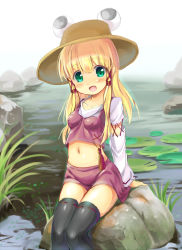 Rule 34 | 1girl, :d, belly, black thighhighs, blonde hair, blush, breasts, collarbone, covered erect nipples, female focus, green eyes, hair tubes, hakiata, hat, lily pad, long hair, looking at viewer, midriff, moriya suwako, navel, open mouth, pond, rock, sitting, sketch, skirt, small breasts, smile, solo, thighhighs, touhou, zettai ryouiki