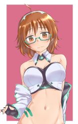 Rule 34 | 1girl, ahoge, aimobake, bad id, bad twitter id, bare shoulders, black gloves, blush, bottomless, breasts, closed mouth, collarbone, commentary request, crop top, detached collar, embarrassed, fingerless gloves, glasses, gloves, green-framed eyewear, groin, hairband, highres, idolmaster, idolmaster cinderella girls, jacket, long sleeves, looking at viewer, medium breasts, navel, off shoulder, open clothes, open jacket, orange eyes, orange hair, semi-rimless eyewear, short hair, solo, stomach, tattoo, under-rim eyewear, upper body, white jacket, yoshioka saki