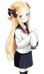 Rule 34 | 1girl, abigail williams (fate), aikawa ryou, black bow, black skirt, blonde hair, blue eyes, blush, bow, closed mouth, fate/grand order, fate (series), forehead, hair bow, highres, long hair, long sleeves, looking at viewer, neckerchief, orange bow, parted bangs, pleated skirt, polka dot, polka dot bow, red neckerchief, sailor collar, school uniform, serafuku, shirt, simple background, skirt, sleeves past fingers, sleeves past wrists, smile, solo, thighhighs, white background, white shirt