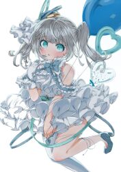 Rule 34 | 1girl, aqua eyes, balloon, bare shoulders, blush, brooch, dress, foot out of frame, foot up, frilled dress, frills, gloves, grey hair, hair ornament, heart balloon, high heels, highres, ascot, jewelry, looking at viewer, open mouth, original, ribbon, simple background, single glove, single thighhigh, sleeveless, sleeveless dress, solo, subetehakai, thighhighs, twintails, white background, white dress, white gloves