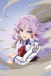 Rule 34 | 1girl, blue eyes, daisy, flower, frilled skirt, frills, hair ribbon, kimur, lowres, military, military uniform, open mouth, pintail (sword girls), pinteil, purple hair, ribbon, skirt, solo, sword, sword girls, teeth, uniform, weapon, wind