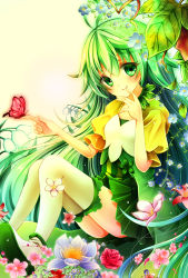 Rule 34 | 1girl, alraune (p&amp;d), antenna hair, aqeme, bad id, bad pixiv id, bug, butterfly, dress, finger to mouth, flower, green dress, green eyes, green hair, green theme, insect, jewelry, leaf, lily of the valley, long hair, matching hair/eyes, monster girl, necklace, pink flower, pink rose, plant girl, puffy short sleeves, puffy sleeves, puzzle &amp; dragons, rose, shoes, short sleeves, sitting, smile, solo, striped clothes, striped dress, thigh strap, very long hair