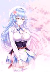 Rule 34 | 1girl, absurdres, ahoge, belt, blue hair, blue skirt, braid, breast suppress, breasts, brown belt, cherry blossoms, cleavage, cleavage cutout, clothing cutout, corset, elf, floating hair, flower, hair flower, hair ornament, half updo, heart, heart ahoge, heart hair, highres, hololive, large breasts, long hair, otogi39, pink flower, pointy ears, skirt, smile, solo, thighhighs, very long hair, virtual youtuber, yellow eyes, yukihana lamy