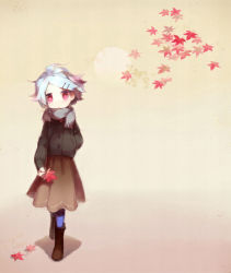 Rule 34 | 1girl, bad id, bad pixiv id, blue hair, blue pantyhose, boots, coat, female focus, full body, gradient background, hair ornament, hairclip, leaf, maple leaf, mitsugo (road after rain), original, pantyhose, pink eyes, scarf, short hair, skirt, solo