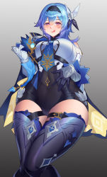 Rule 34 | 1girl, :q, absurdres, black gloves, black leotard, black thighhighs, blue hair, breasts, cape, commentary request, eula (genshin impact), from below, genshin impact, gloves, gradient background, hair between eyes, hair ornament, hairband, highres, knees together feet apart, large breasts, leotard, long hair, long sleeves, looking at viewer, necktie, orange eyes, sidelocks, simple background, smile, solo, thighhighs, tongue, tongue out, vision (genshin impact), xiaomu (a414171448), zettai ryouiki